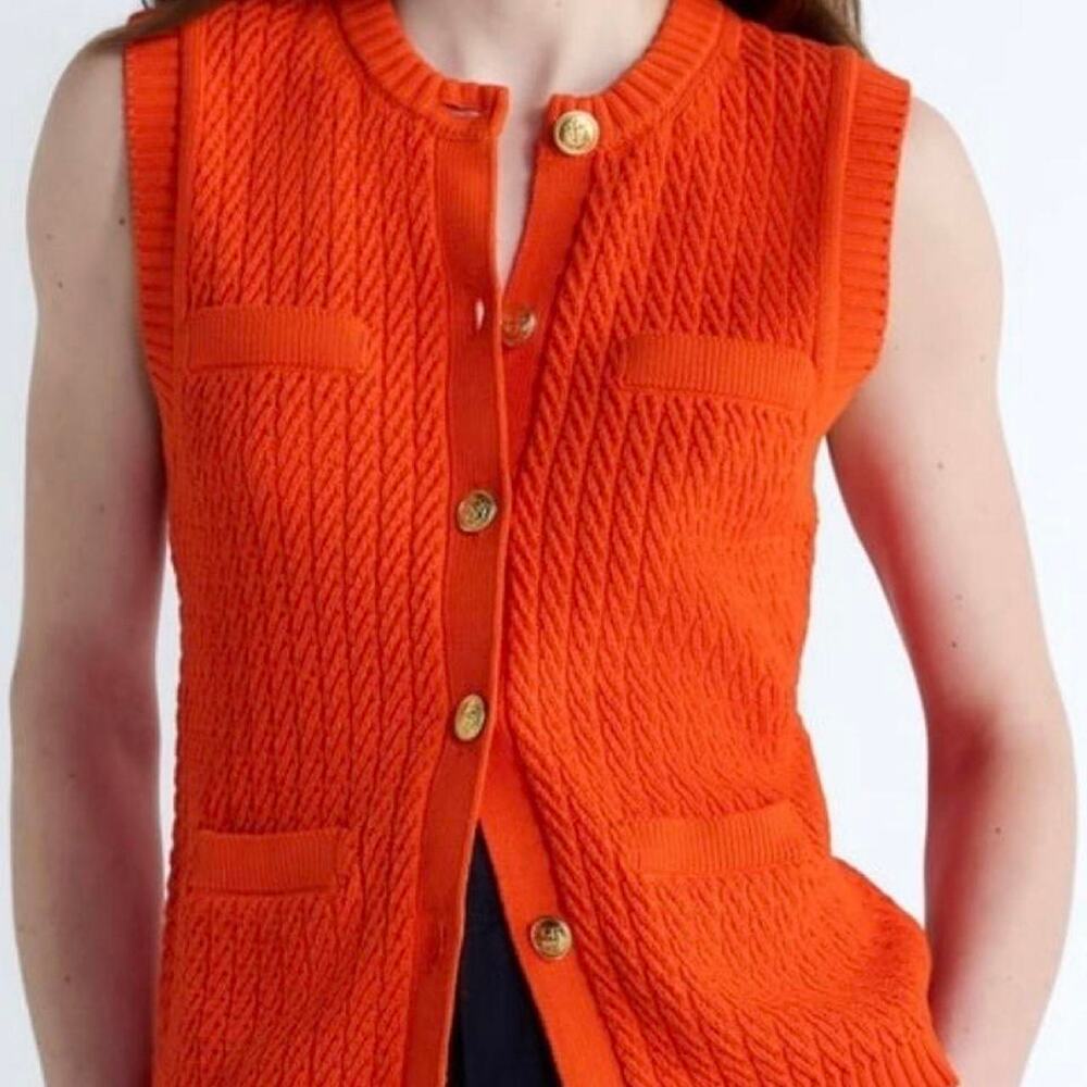 Free assembly orange cable knit vest with gold buttons